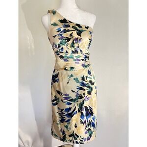 Antonio Melani Chic Satin Beige Blue Floral One‑Shoulder Sheath Dress — Size 2